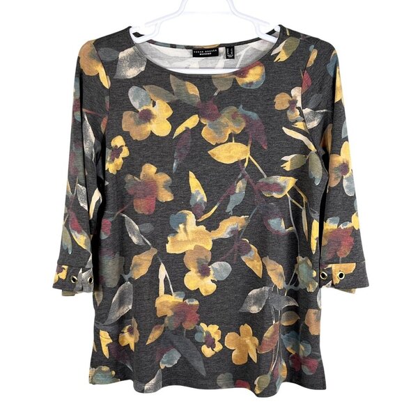 Susan Graver Weekend L Muted Floral 3/4 Sleeve Ring Detail Pullover Comfort Top - Picture 2 of 12